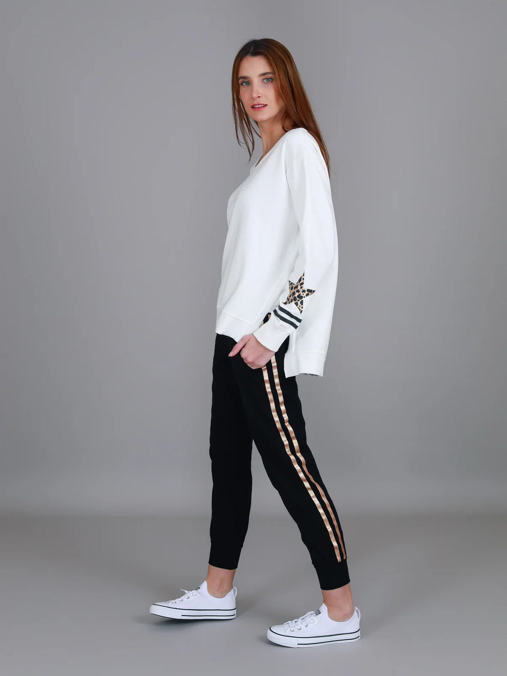 Oxford Leopard Star Print on Sleeve Crewneck Sweatshirt